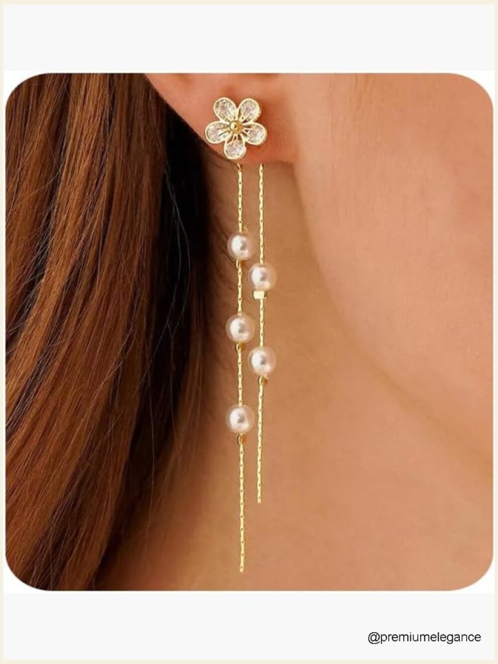 Gold Flower Dangle Earrings Pearl Chain Drop Hypoallergenic CZ Studs
